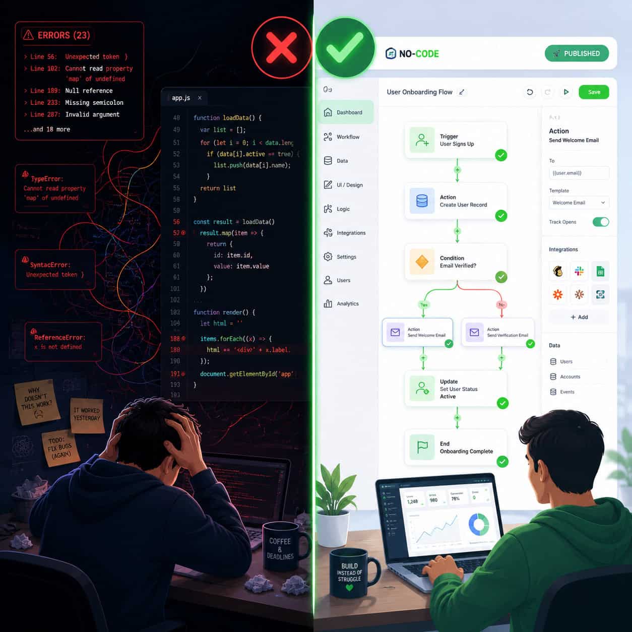 Detailed () image showing a split-screen comparison scene: on the left side, a developer struggling with tangled code lines