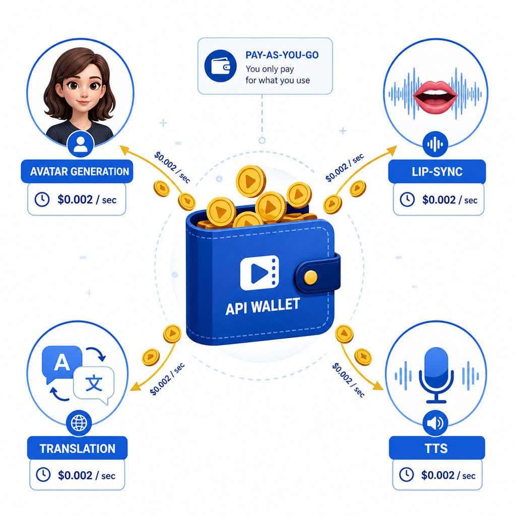 Detailed () infographic-style illustration showing HeyGen API wallet billing concept: a large digital wallet icon in the