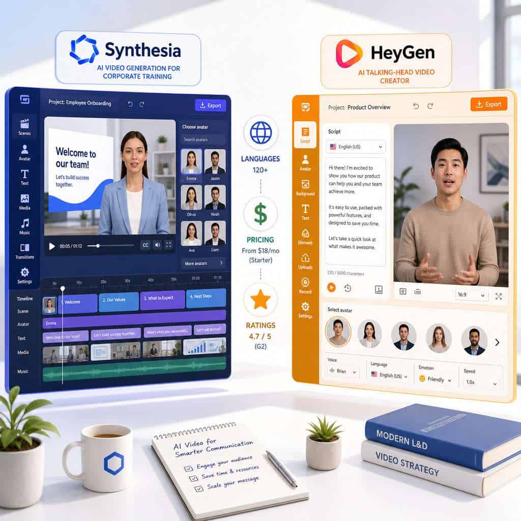 Detailed () infographic-style illustration showing two platform dashboards side by side on floating screens in a modern