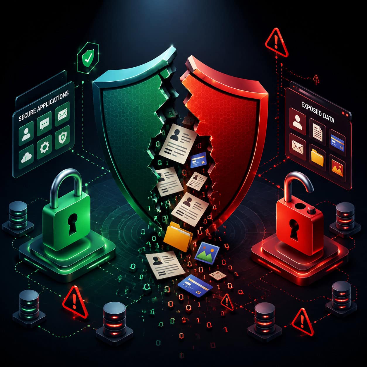 Detailed () isometric illustration of a security shield cracked down the middle, with data records spilling out from behind