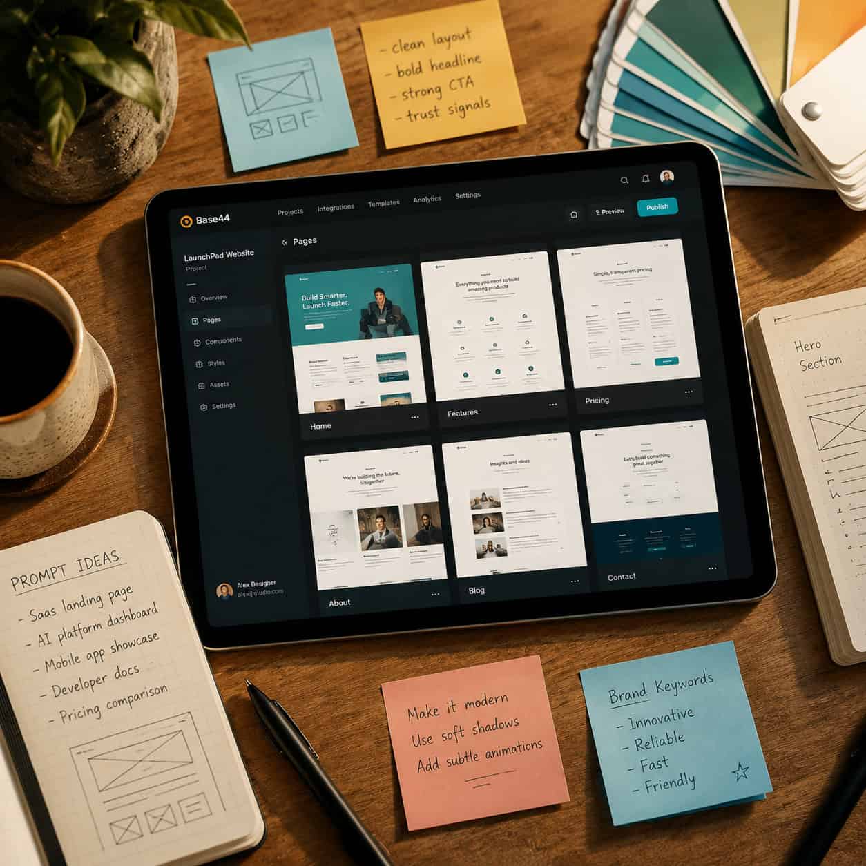 Detailed () overhead birds-eye view photograph of a designer's workspace showing a tablet displaying a Base44 website