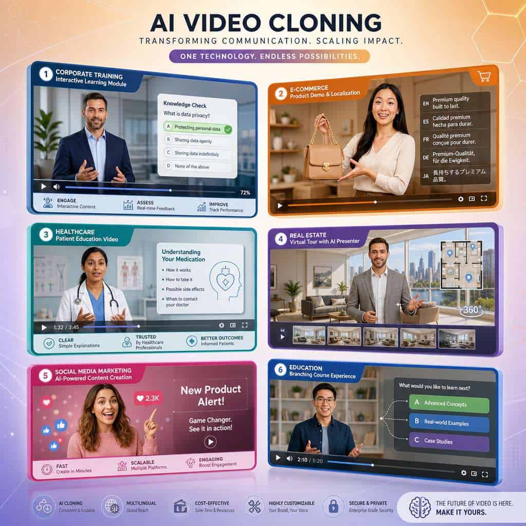 Detailed () scene showing diverse industry applications of HeyGen AI video cloning: a grid of six screens floating in 3D