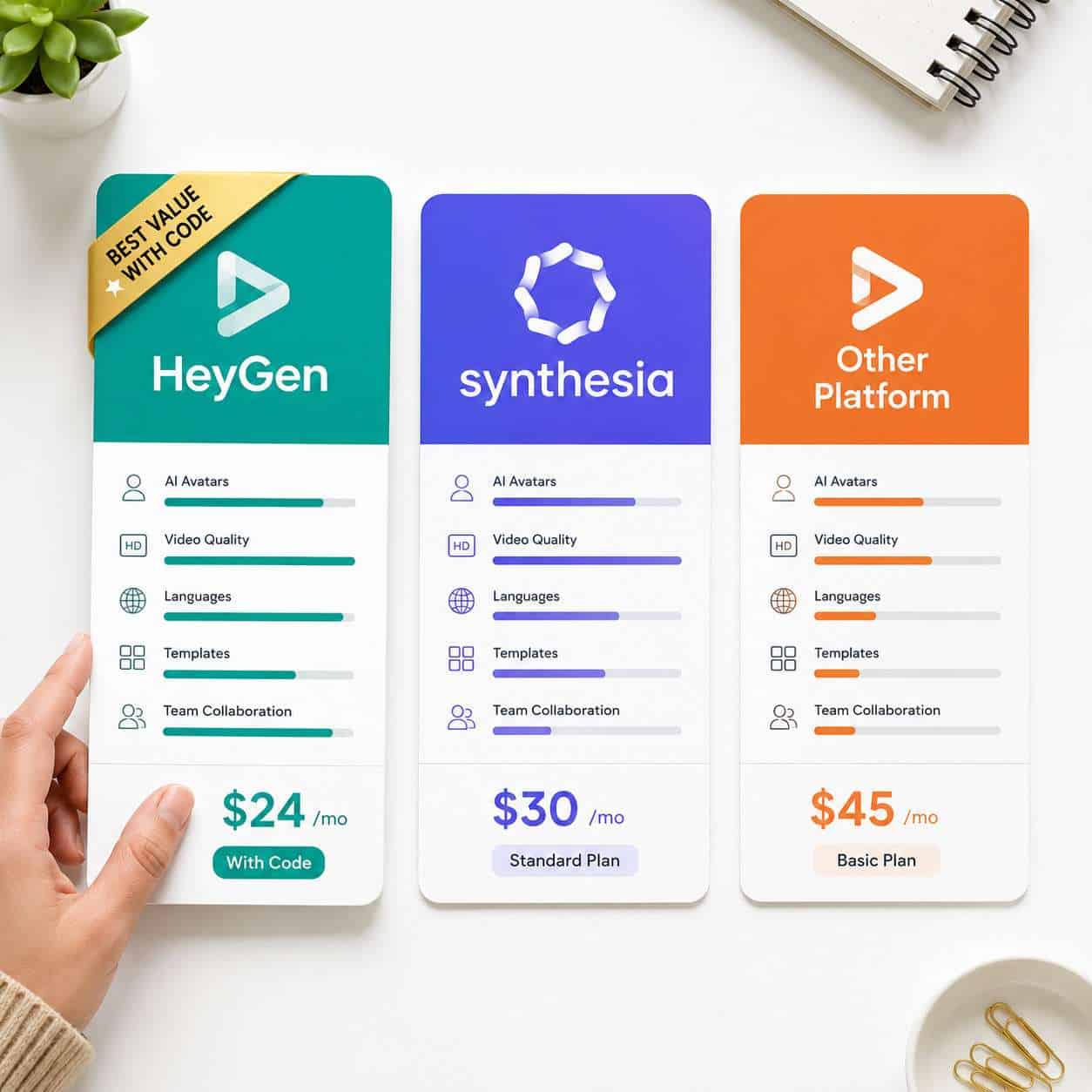 Detailed () side-by-side comparison visual showing three AI video platform logos represented as abstract geometric brand
