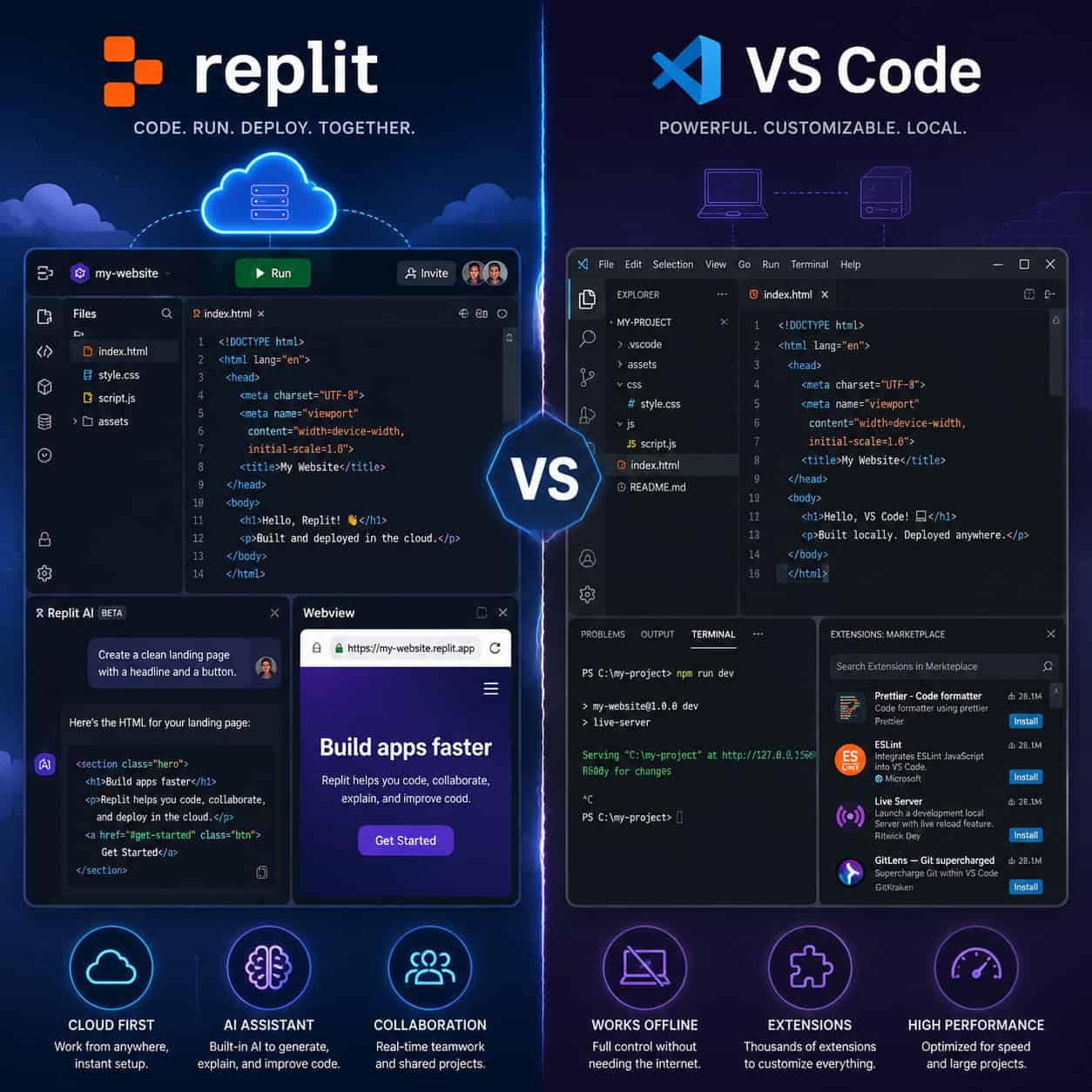Detailed () split comparison image showing Replit versus other coding platforms. Left side shows Replit interface with AI