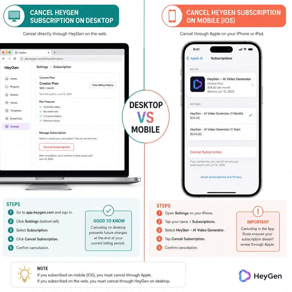 Detailed () split-screen comparison image showing desktop cancellation on the left side with a browser window open to HeyGen