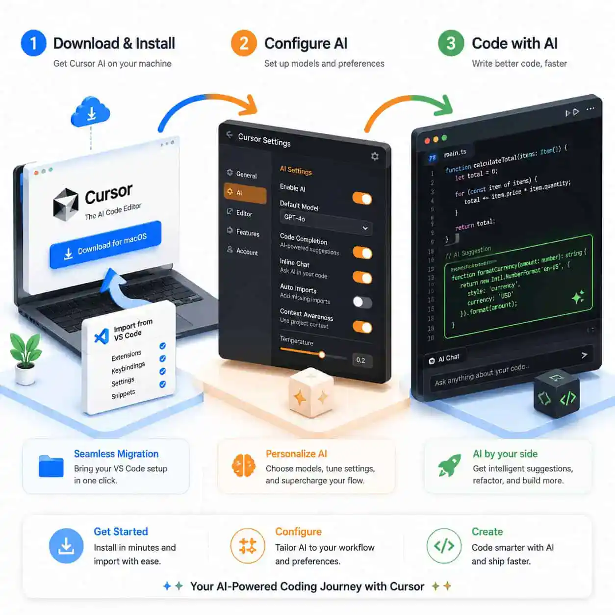 Detailed () step-by-step workflow illustration showing a developer's journey setting up Cursor AI: three connected panels in
