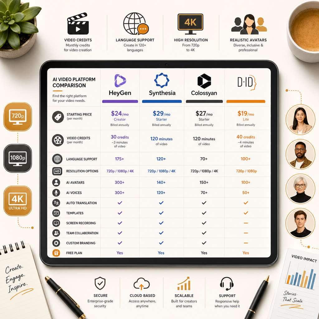 Detailed () top-down flat-lay style infographic showing a pricing comparison table on a stylized tablet screen, with four