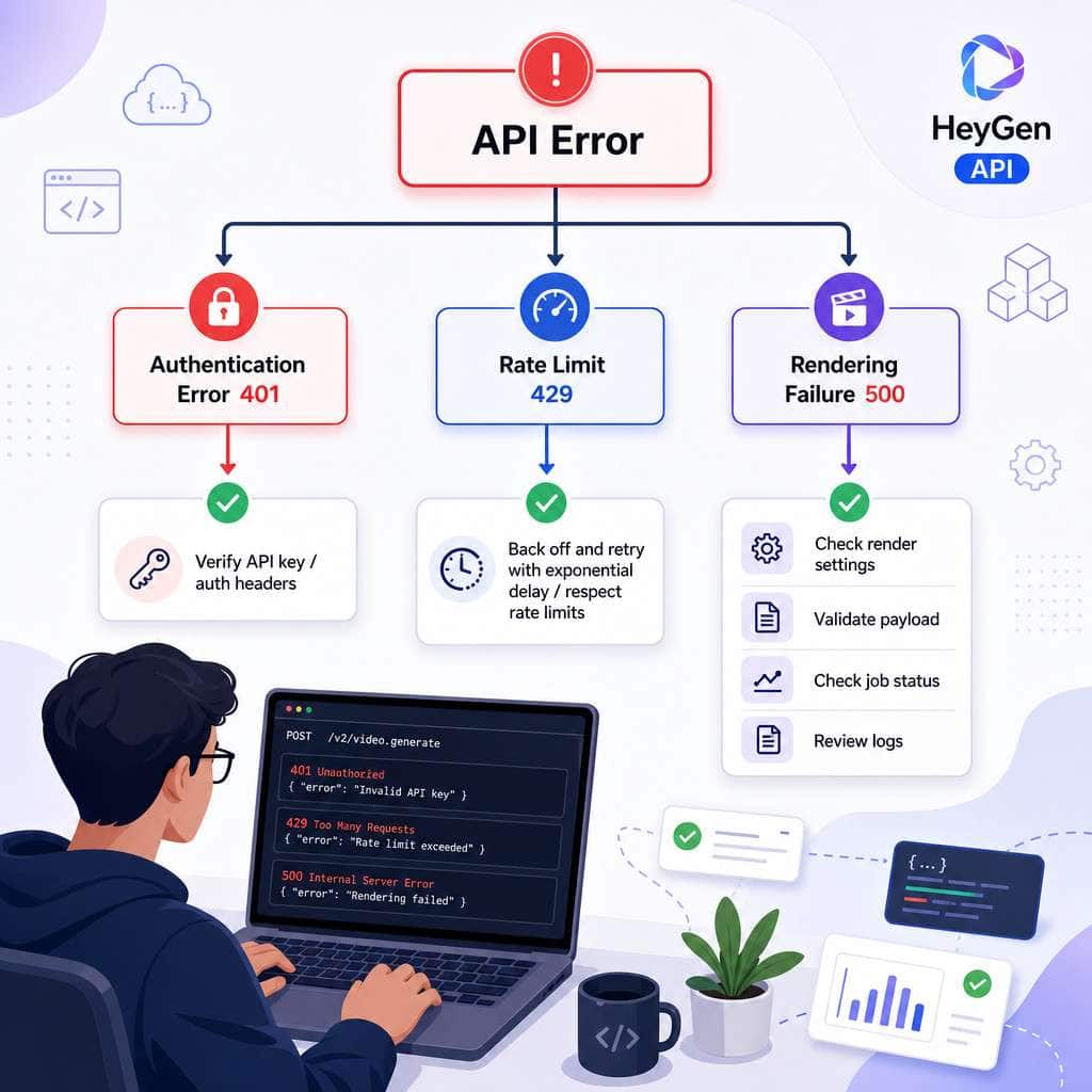 Detailed () troubleshooting flowchart illustration for HeyGen API developers. Shows a decision tree starting from 'API