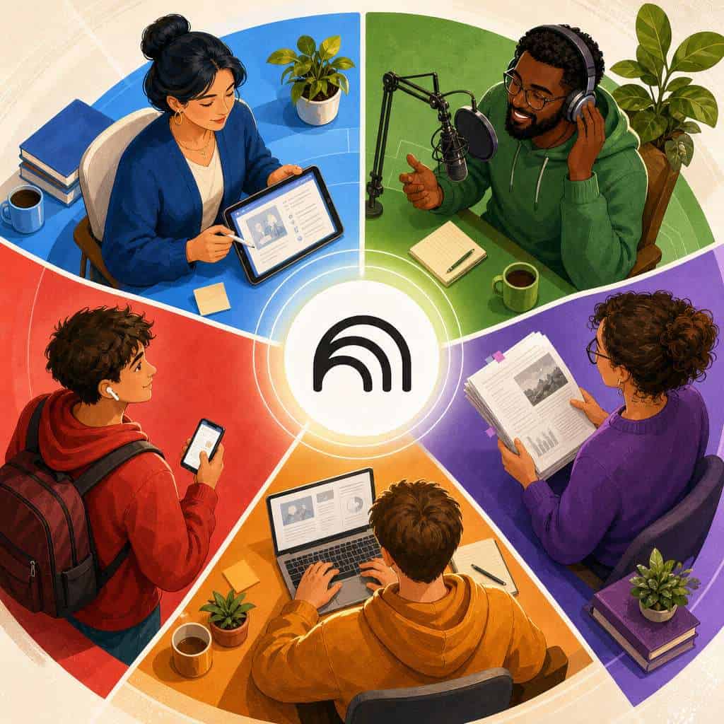 Diverse group of people engaging with digital devices and media in a collaborative workspace.