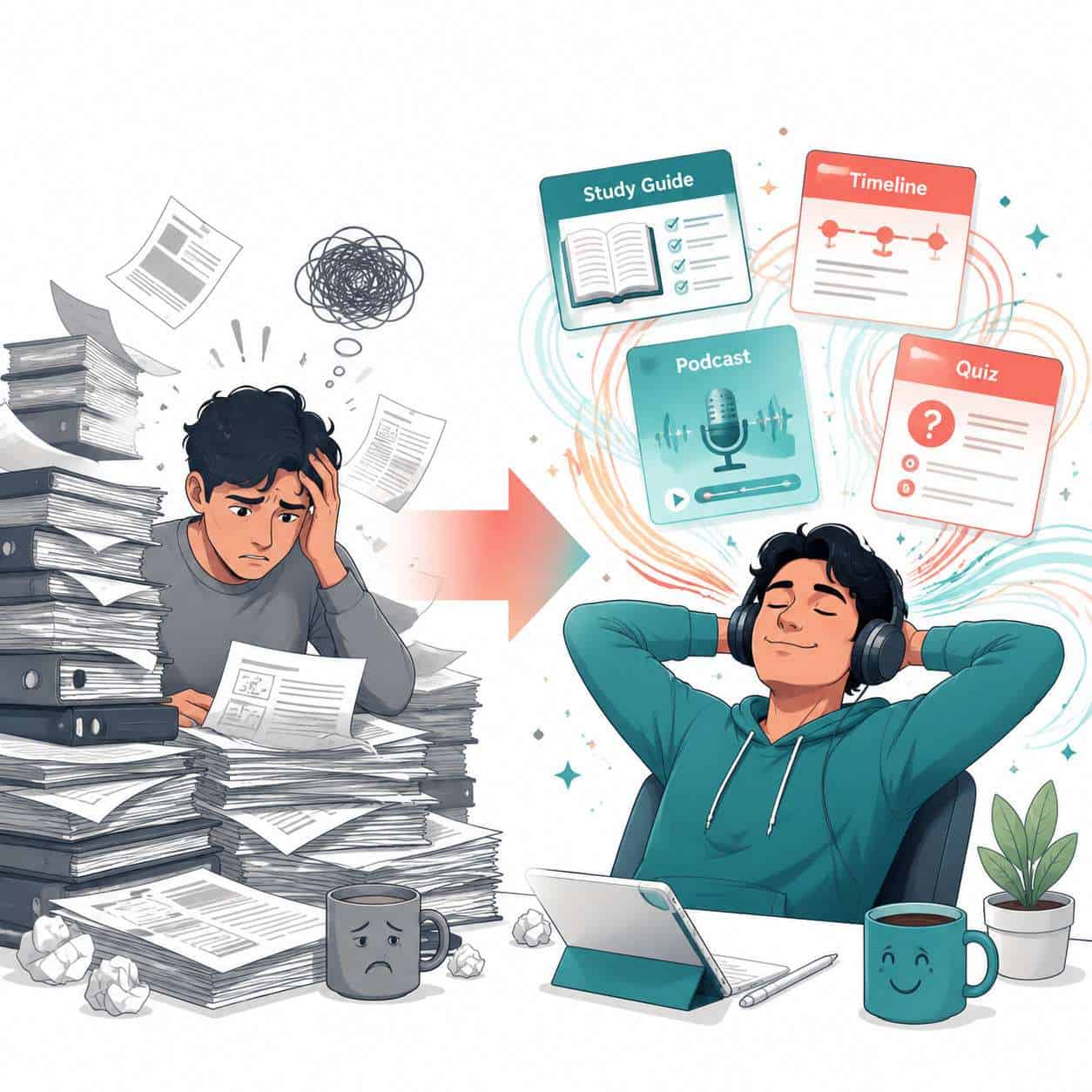 Overwhelmed student with stacks of papers and a relaxed learner enjoying study resources and multime.