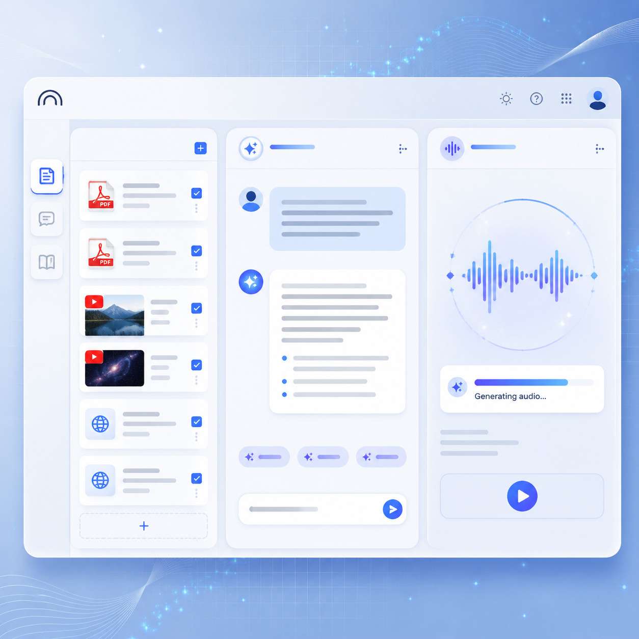 AI-powered digital workspace interface with audio and document management features.