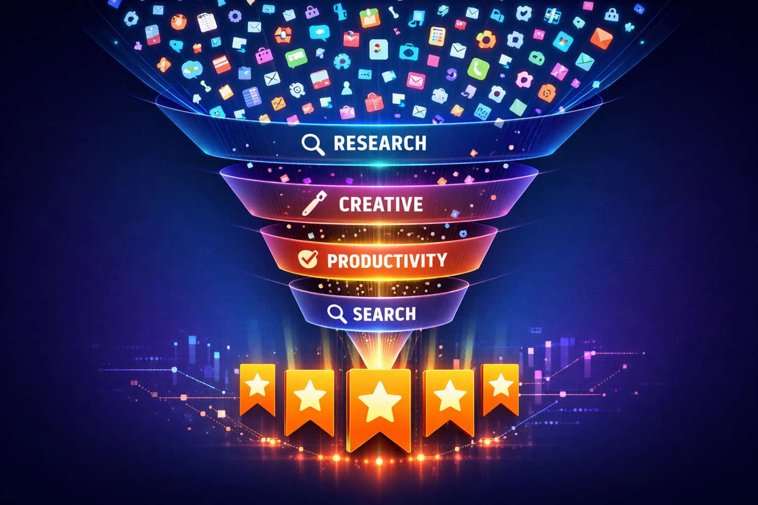 Digital funnel illustrating research, creative, and productivity stages for AI websites.