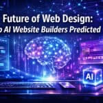 AI-powered web design concept with digital brain and futuristic interface elements.