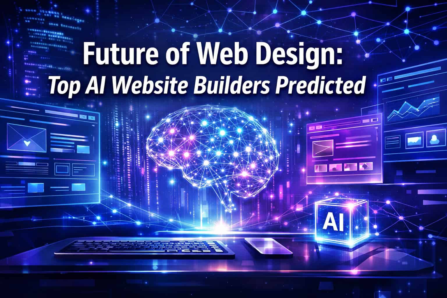 AI-powered web design concept with digital brain and futuristic interface elements.