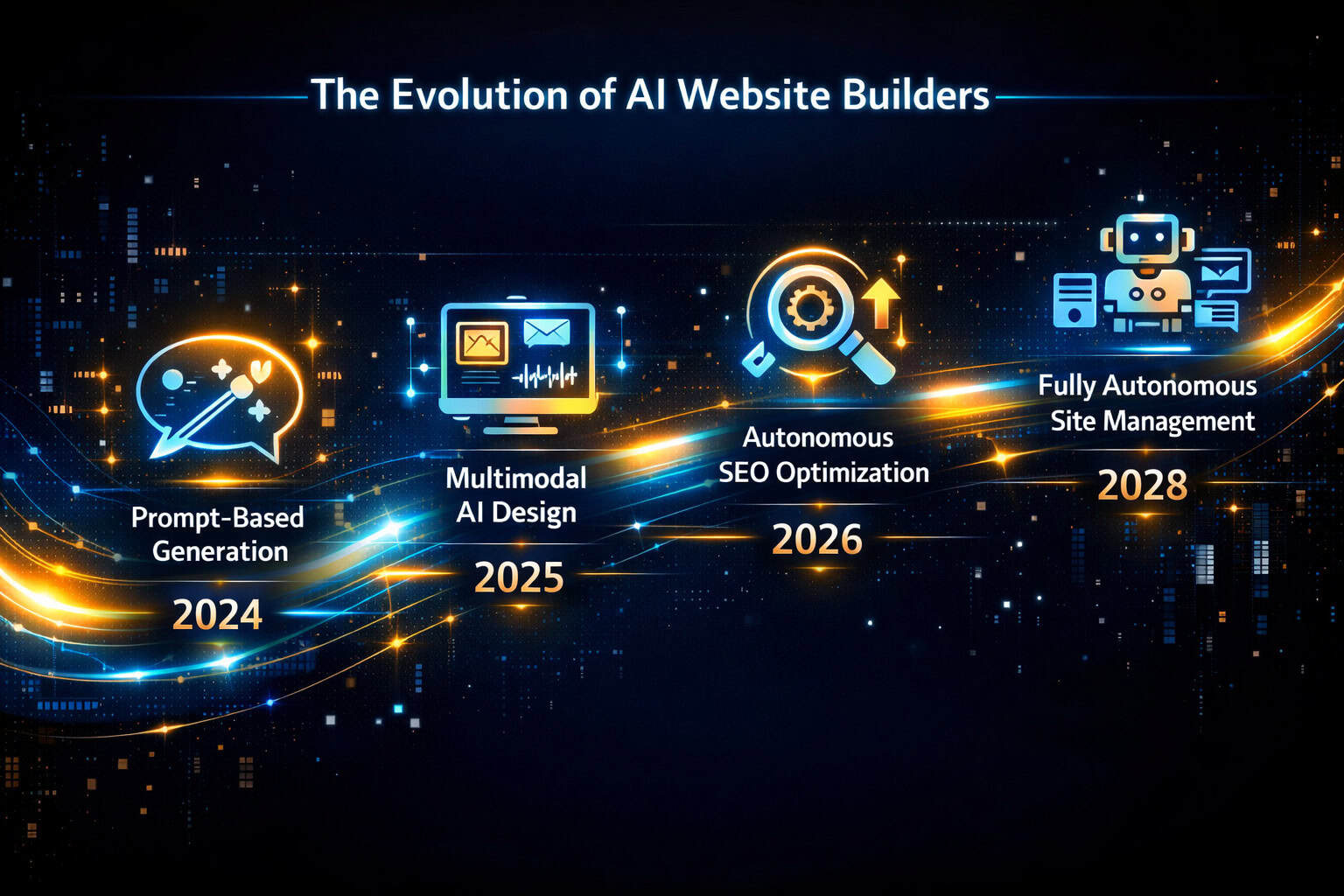 AI website builders evolution timeline from 2024 to 2028.