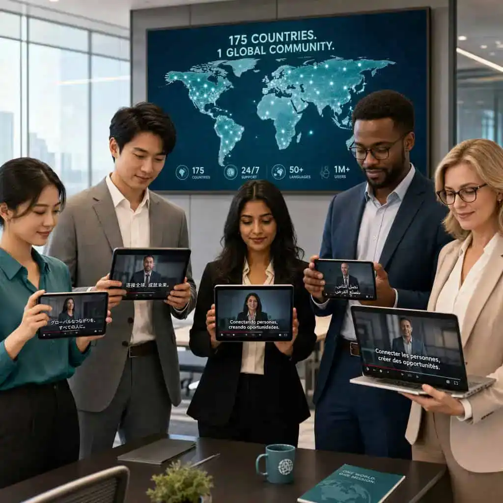 Innovative global teamwork with diverse professionals using tablets in a modern office setting.