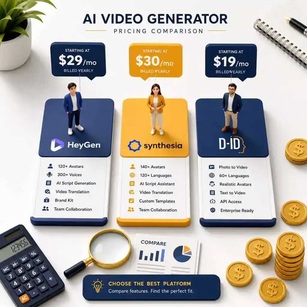 AI video generator pricing comparison with three platforms: HeyGen, Synthesia, and D-ID, showcasing.