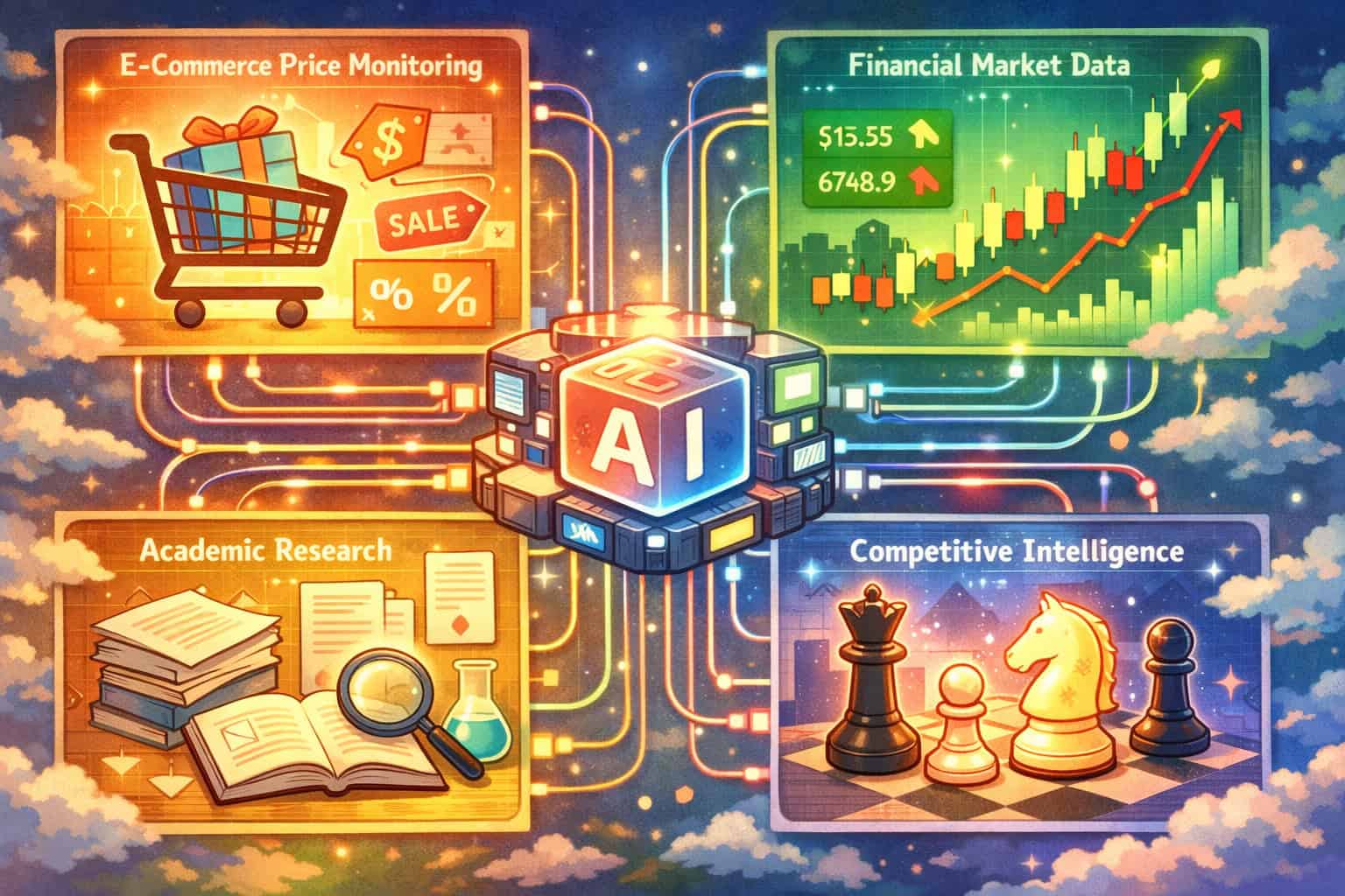 Illustration of AI web scraping use cases across industries: e-commerce price monitoring with shopping cart icons, financial