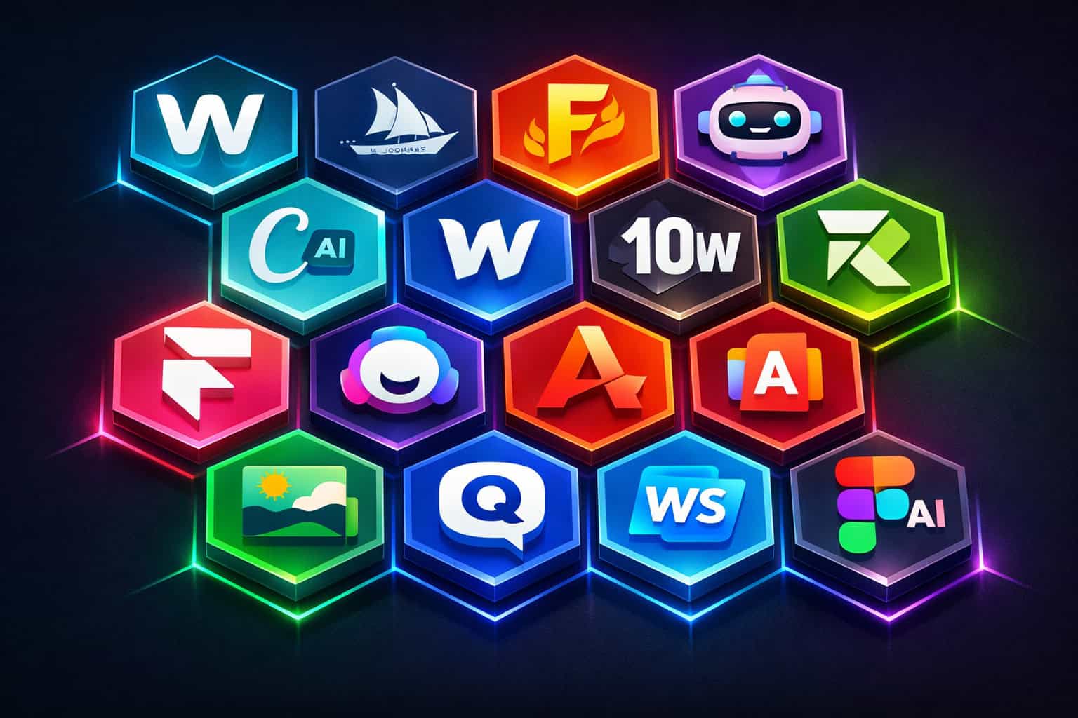 AI-powered web design icons representing innovative tools and technologies.