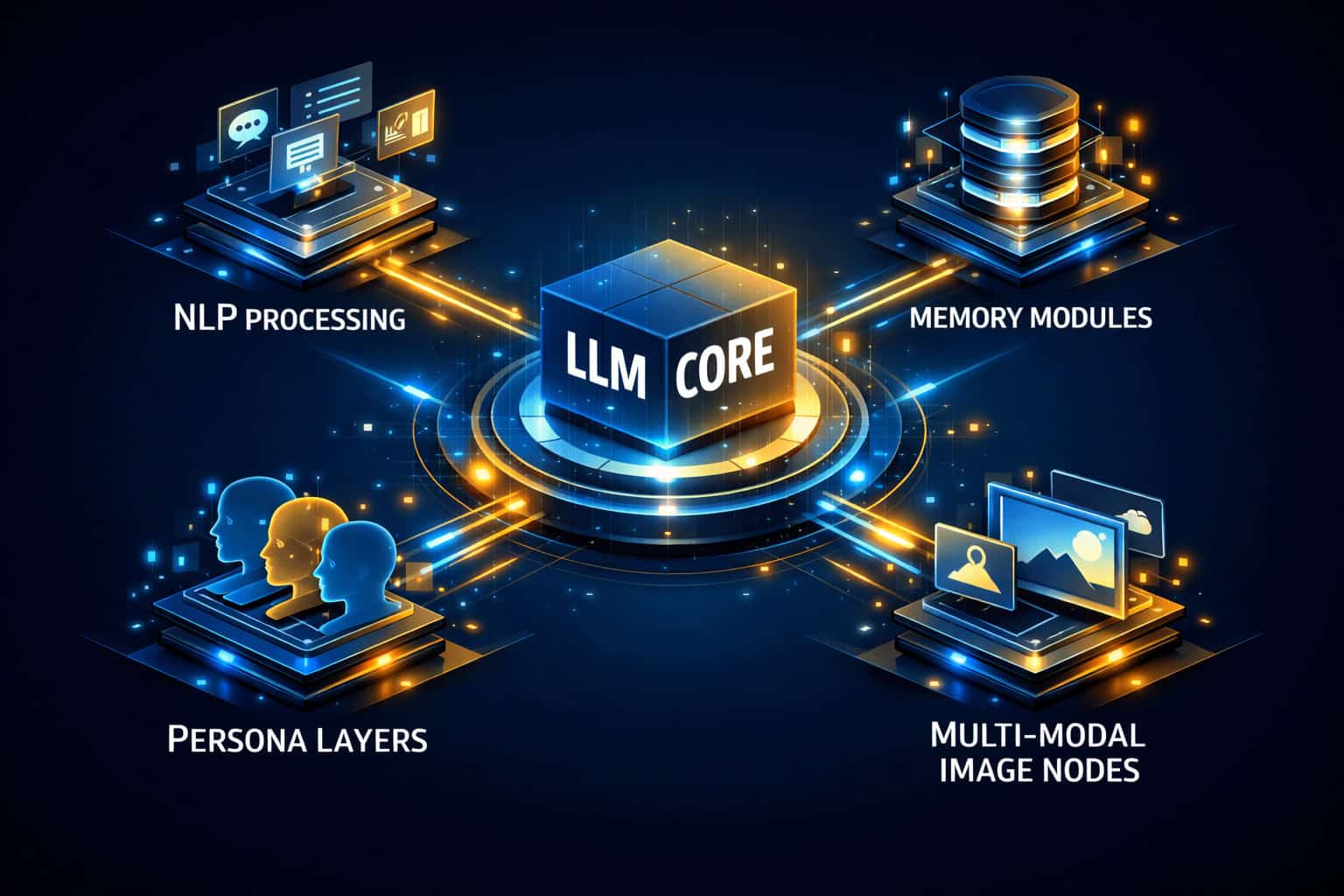 AI platform architecture with core LLM, NLP, memory modules, persona layers, and multi-modal image n.
