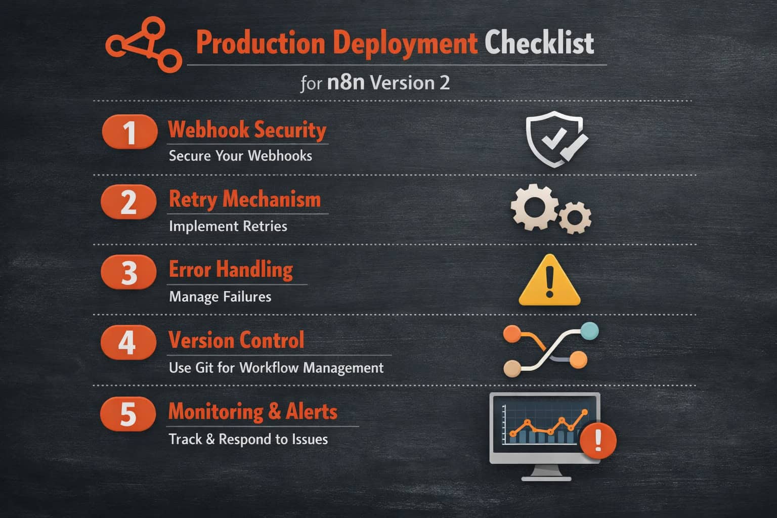 Landscape () step-by-step production deployment checklist visualization for n8n Version 2, showing numbered steps with