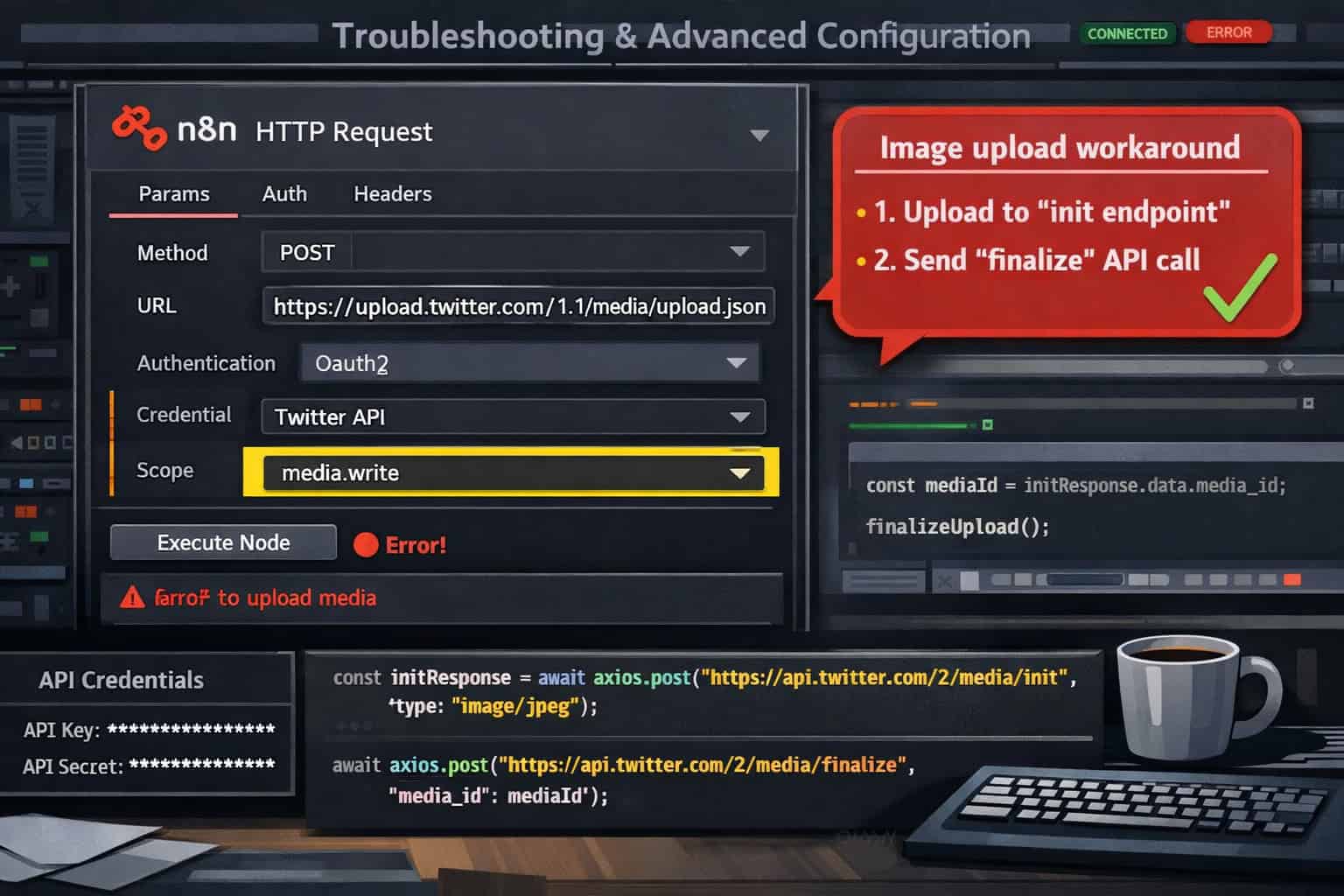 Landscape () troubleshooting and advanced configuration scene: developer-style dark terminal interface showing n8n HTTP