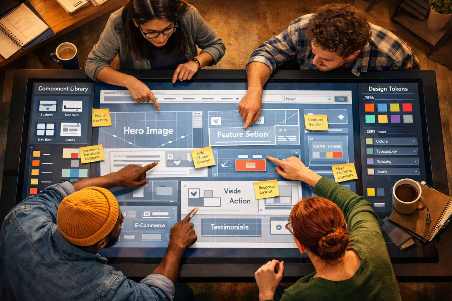 Team working together on a digital touchscreen for website design planning.
