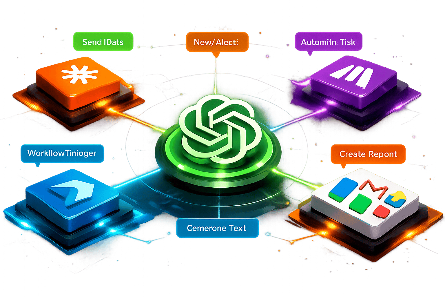 Overhead bird's-eye view of interconnected platform logos (Zapier, Make.com, Microsoft Power Automate, Google Workspace)