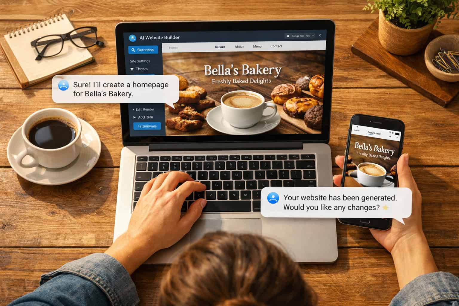 Person using AI website builder on laptop and phone for bakery website.