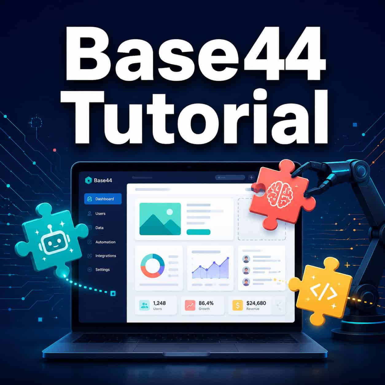 Professional () hero image featuring 'Base44 Tutorial' in extra large white with subtle dark drop , centered in upper third