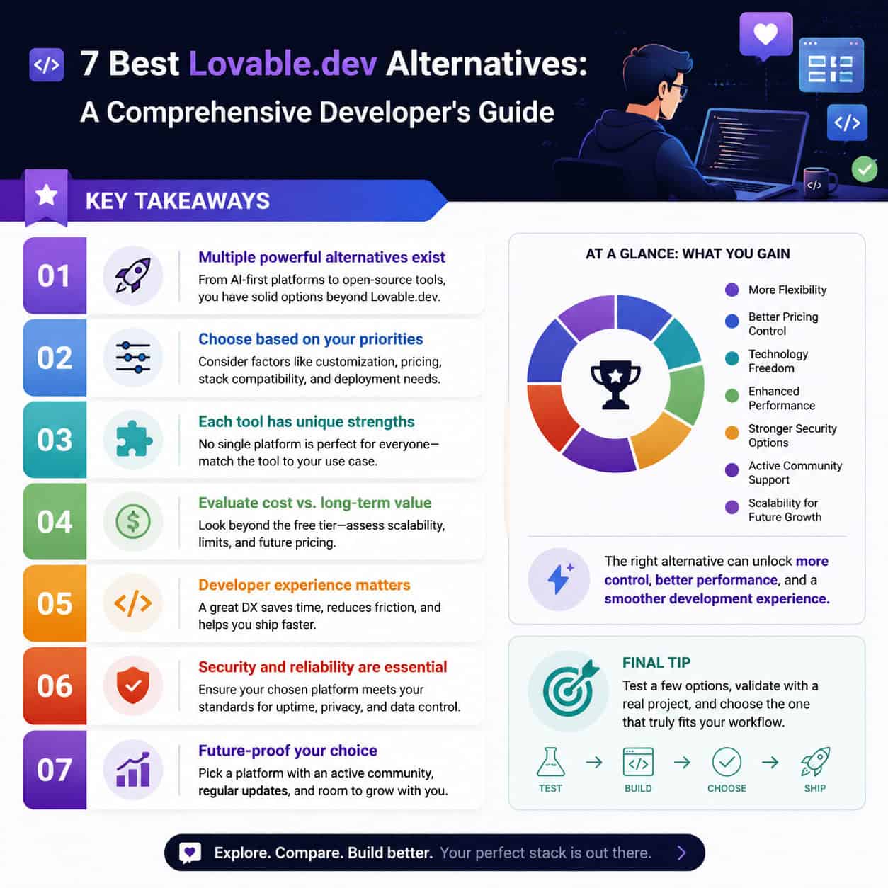 Professional infographic for article "7 Best Lovable.dev Alternatives: A Comprehensive Developer's Guide", section: "Key