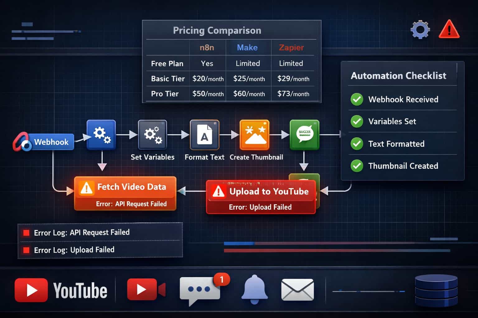 N8N workflow for YouTube automation showing data fetch and upload errors.