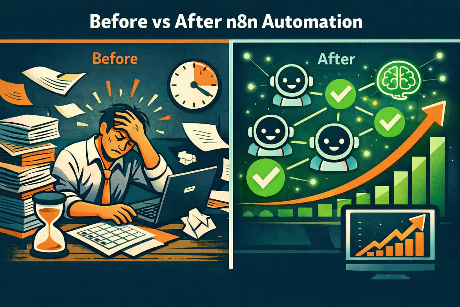 Split-screen () comparison illustration showing left side: a stressed professional manually handling repetitive data entry