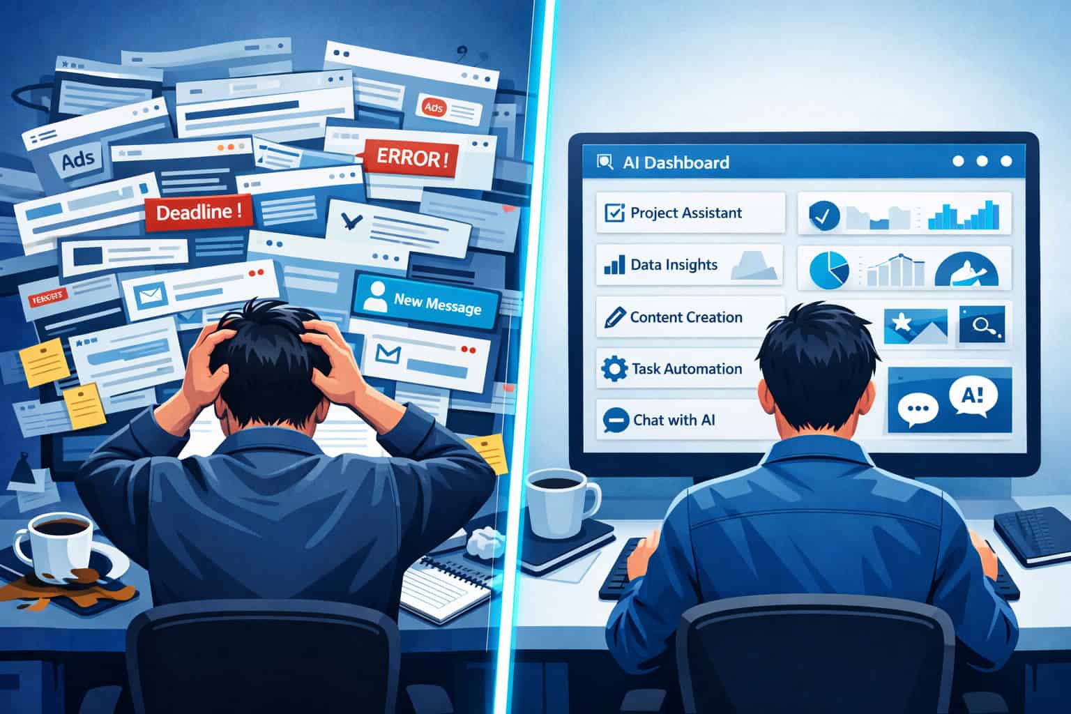 Split-screen comparison visual showing left side: a person overwhelmed by dozens of browser tabs on a cluttered monitor;