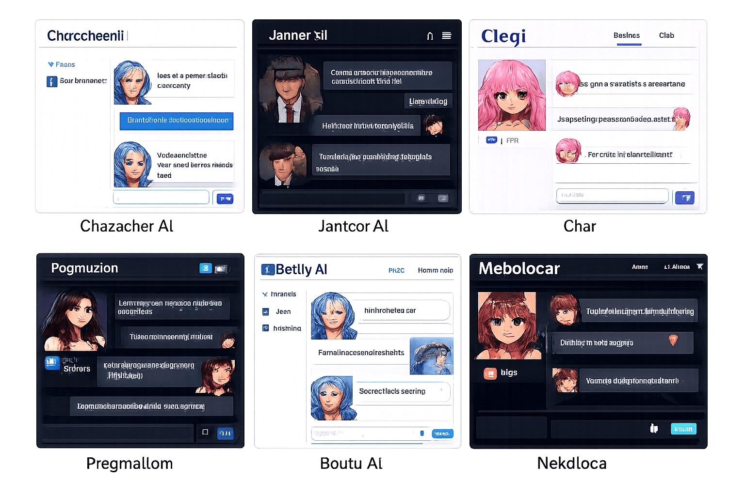 Split-screen comparison visual showing six distinct free character AI platform logos and interface screenshots side by side