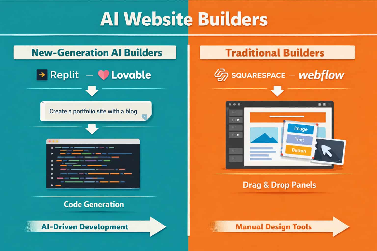 Comparison of AI and traditional website builders for future web design.