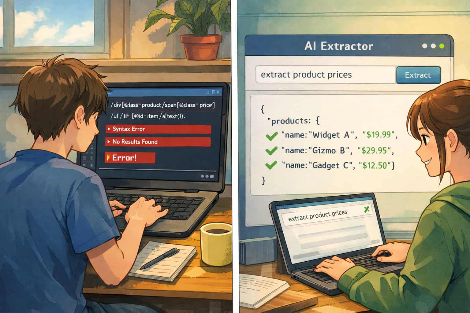 Split-screen landscape comparison visual: left side shows a developer manually writing XPath selectors in a code editor with