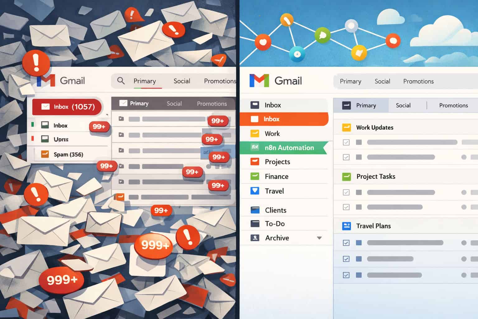 Split-screen landscape image showing left side: cluttered email inbox with hundreds of unread messages in red, right side: