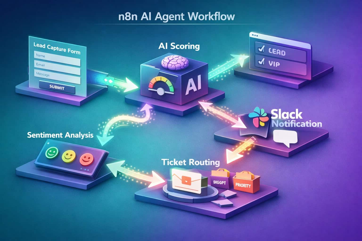 Step-by-step visual flowchart showing an n8n AI agent workflow: lead capture form feeding into AI scoring node, then