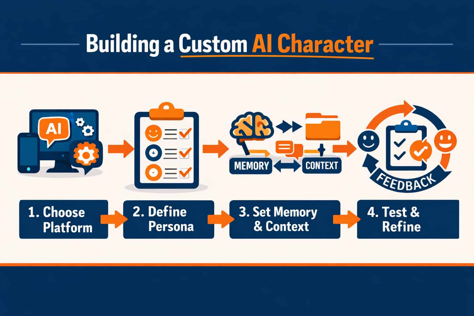 Step-by-step visual workflow infographic showing four stages of building a custom AI character: 1-Choose Platform icon,