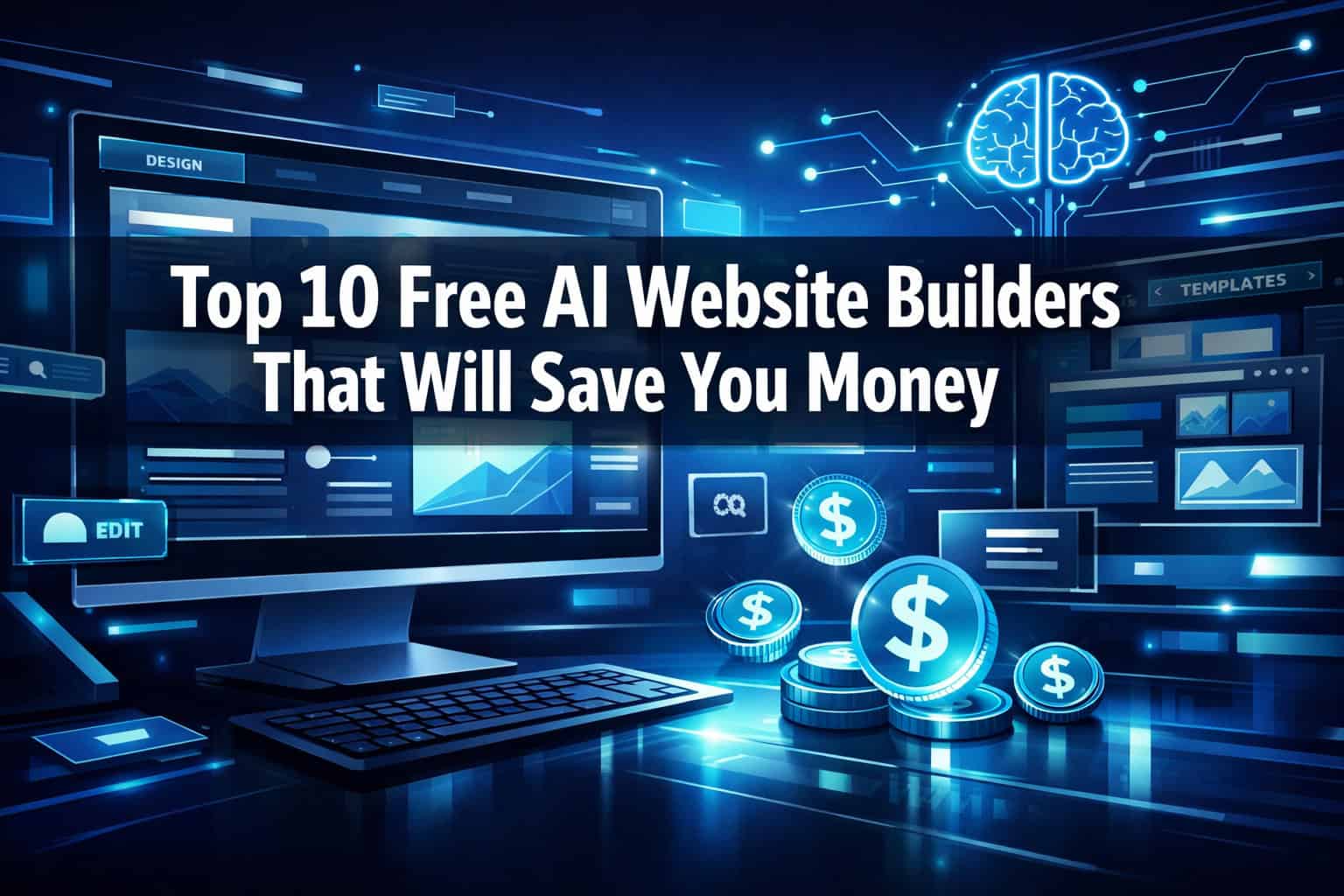 Digital workspace with AI tools and dollar symbols for website building.