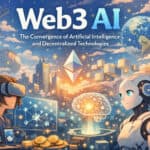 AI and blockchain integration with futuristic robots and digital assets.