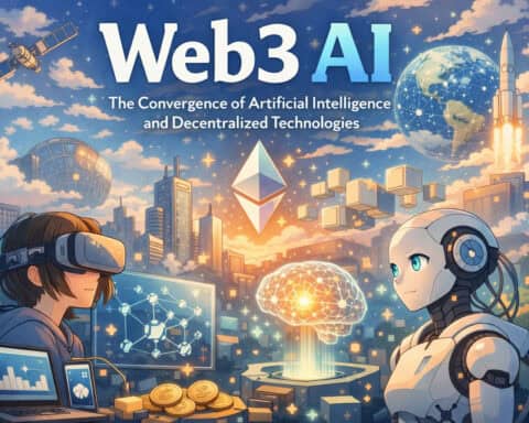 AI and blockchain integration with futuristic robots and digital assets.