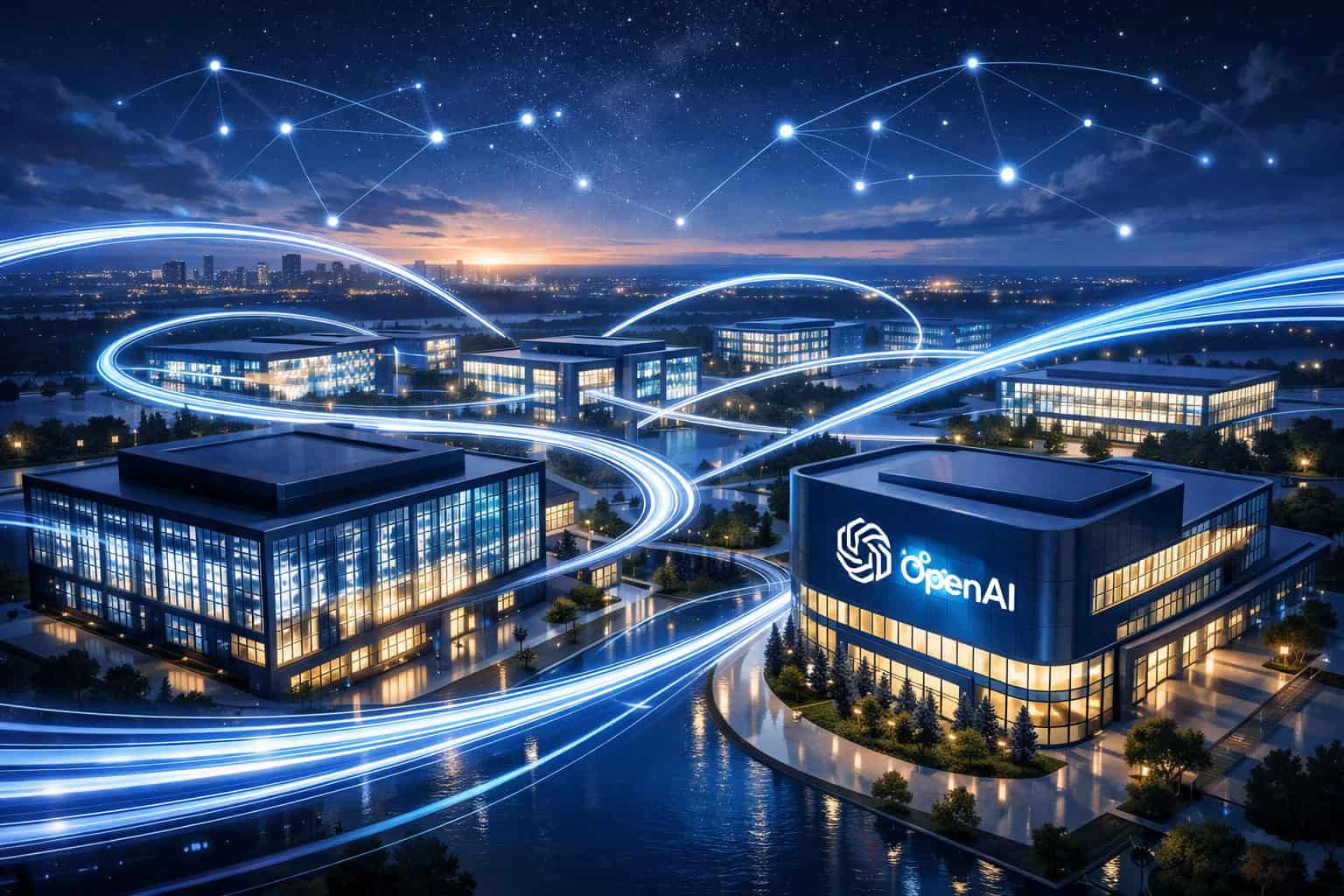 Modern OpenAI digital hub with interconnected buildings and glowing data streams at night.