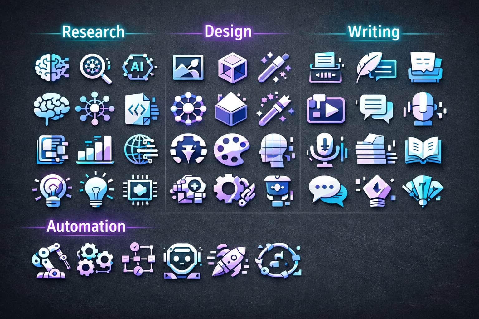 Wide-angle flat-lay illustration of 45 glowing AI website icons arranged in a 9x5 grid on a dark slate background, each card