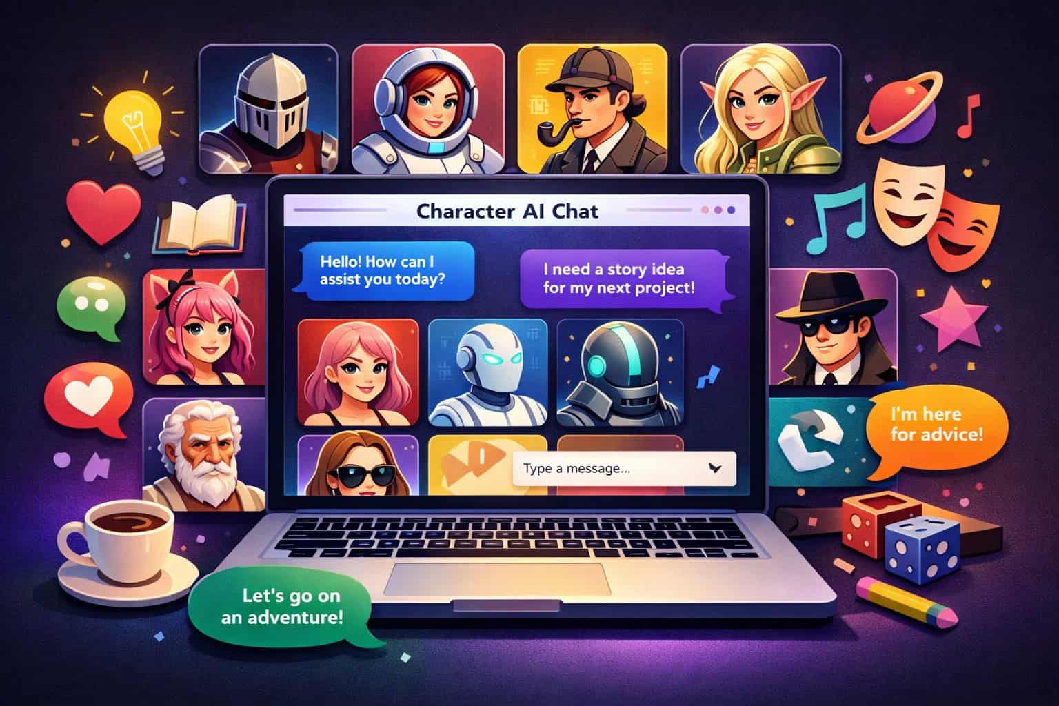 Illustration of a character AI chat platform with diverse avatars and chat bubbles.