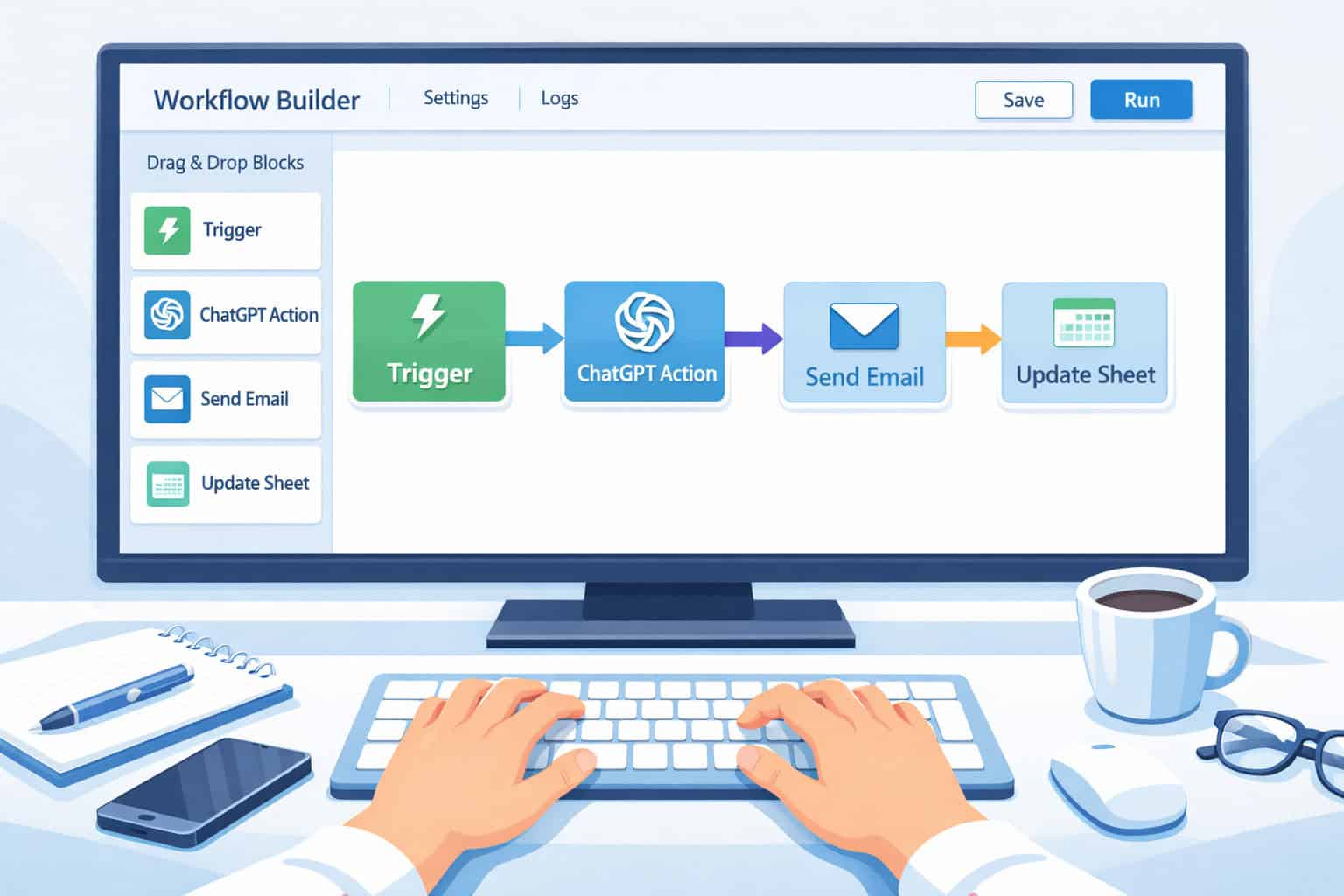 Wide-angle flat-lay illustration showing a no-code workflow builder interface on a large monitor screen, with drag-and-drop