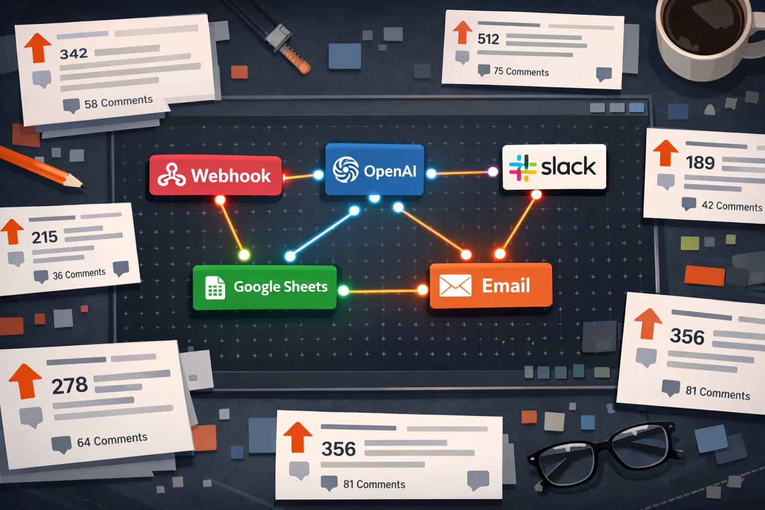 Wide-angle flat-lay illustration showing n8n workflow canvas with interconnected nodes labeled 'Webhook', 'OpenAI', 'Slack',