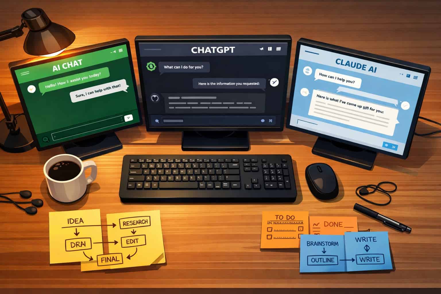 AI chatbot interfaces on multiple screens showcasing different AI tools for enhanced productivity.