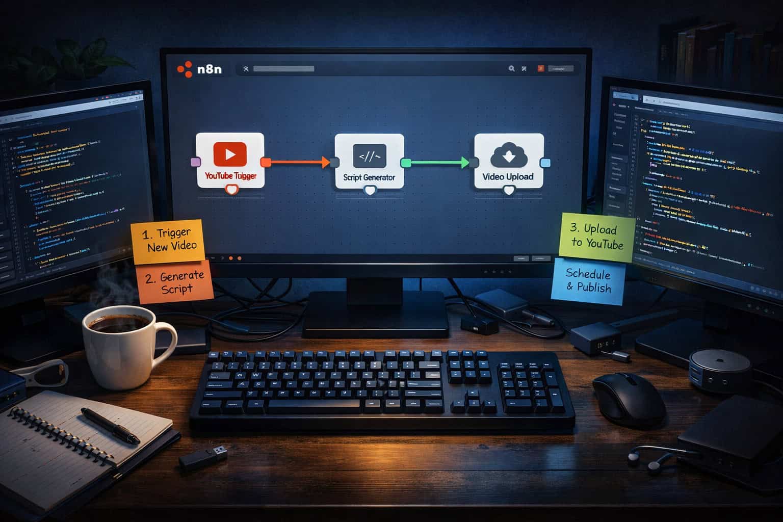 N8N workflow setup for YouTube automation with script generation and video upload.